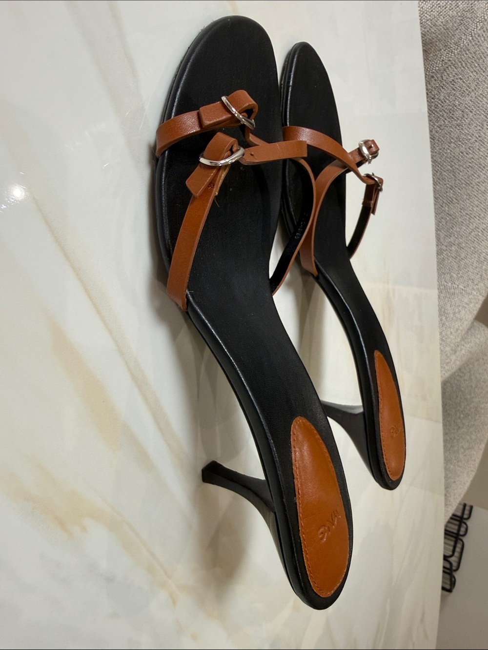 Zara Black Footbed Slide Sandals with Brown Straps - Picture 3 of 4